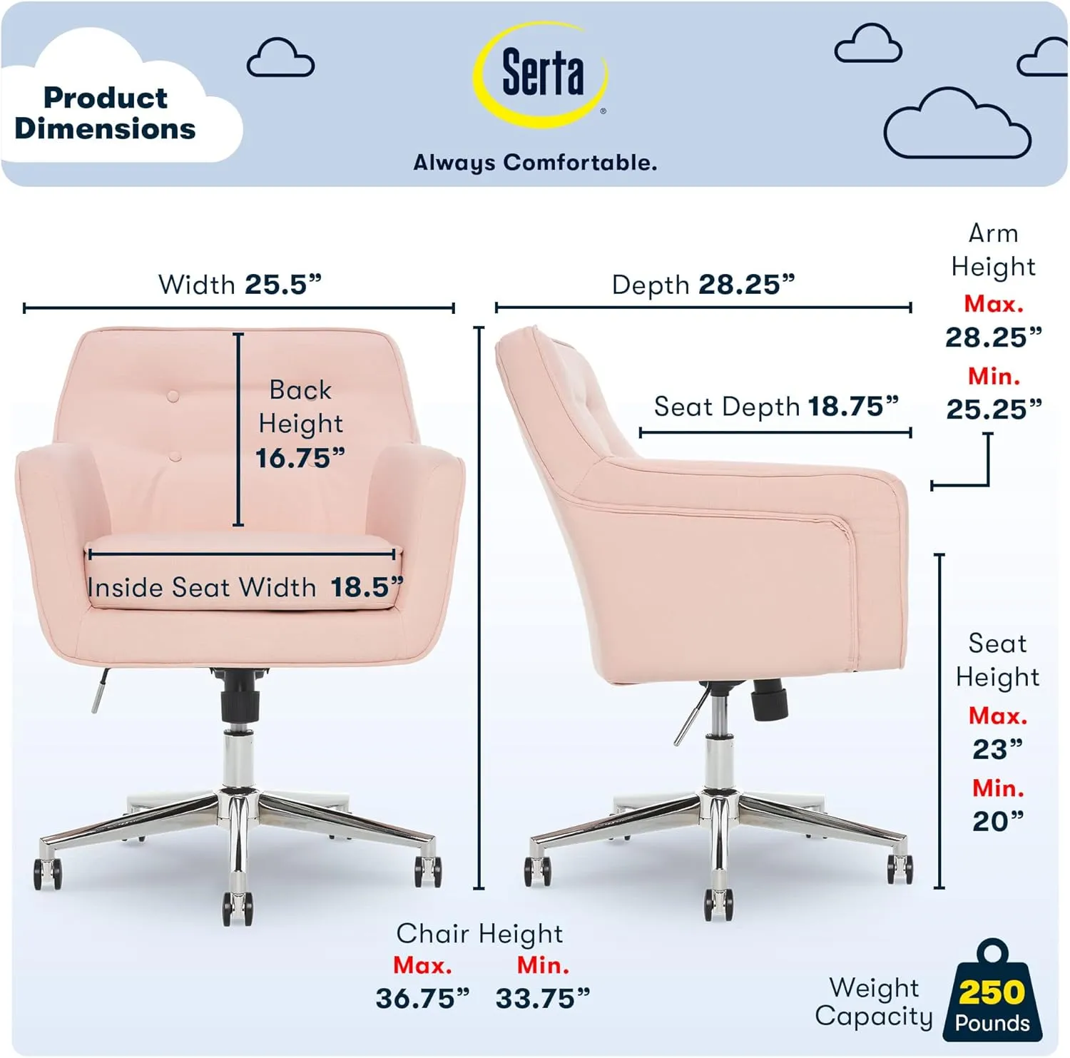 Serta Ashland Home Office Desk Chair with Button Tufted Mid-Back, Memory Foam Cushion and Padded Arms, Mid Century Modern Vanity Armchair with Wheels for Bedroom, Chrome Metal Base, Blush Pink
