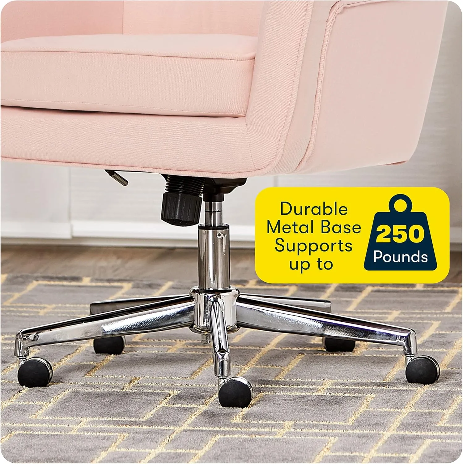 Serta Ashland Home Office Desk Chair with Button Tufted Mid-Back, Memory Foam Cushion and Padded Arms, Mid Century Modern Vanity Armchair with Wheels for Bedroom, Chrome Metal Base, Blush Pink