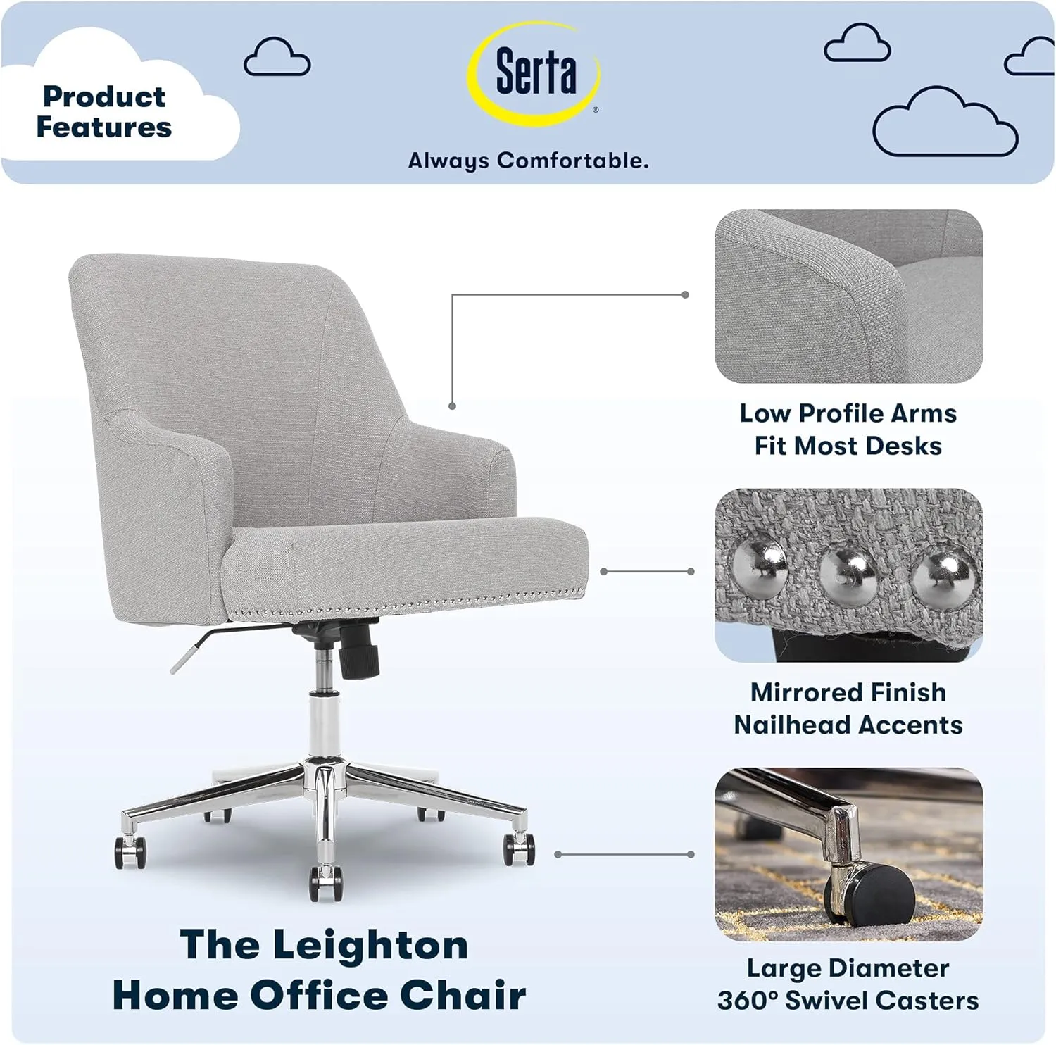 Serta Leighton Home Office Memory Foam, Height-Adjustable Desk Accent Chair with Chrome-Finished Stainless-Steel Base, Light Gray