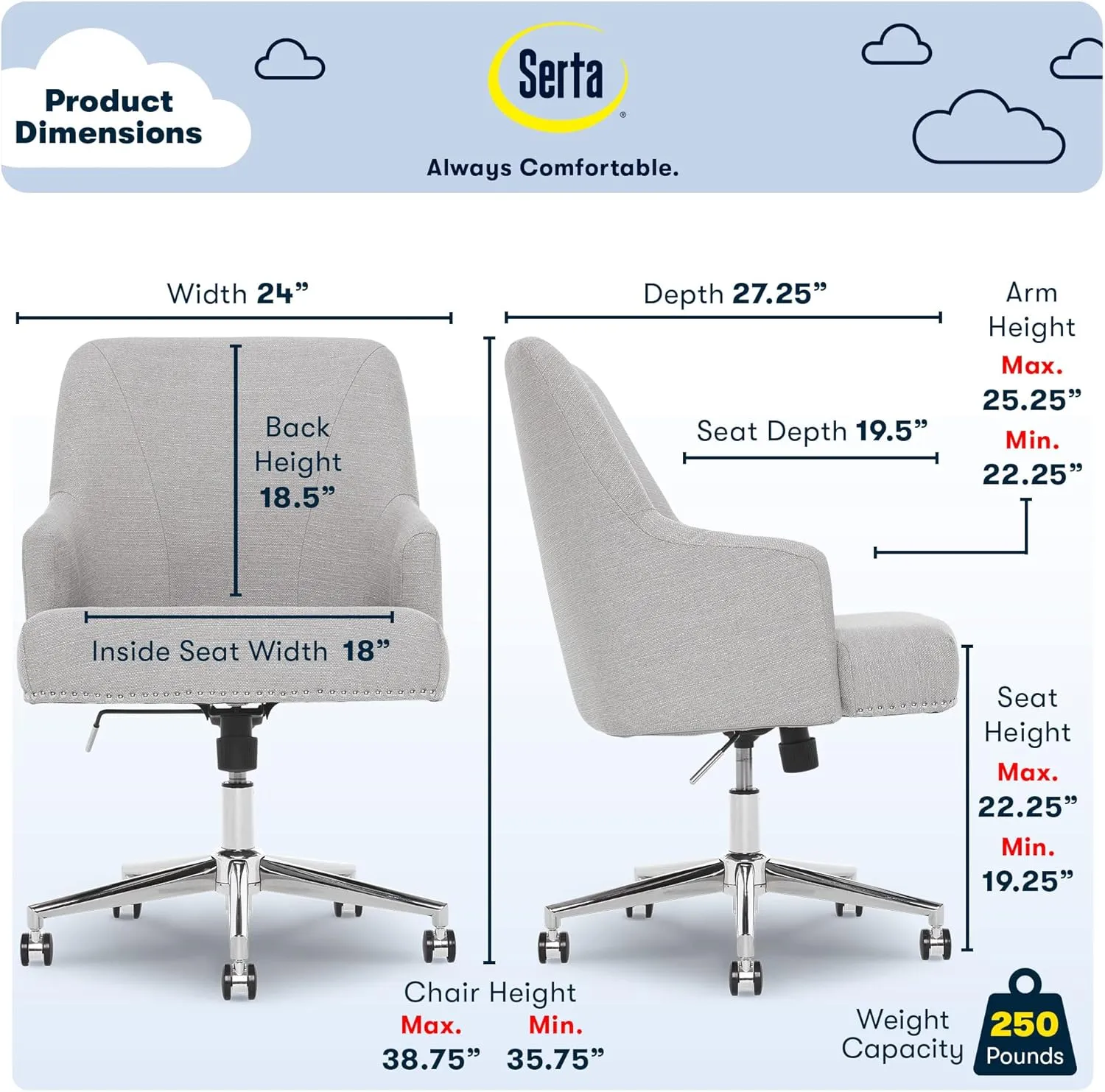 Serta Leighton Home Office Memory Foam, Height-Adjustable Desk Accent Chair with Chrome-Finished Stainless-Steel Base, Light Gray
