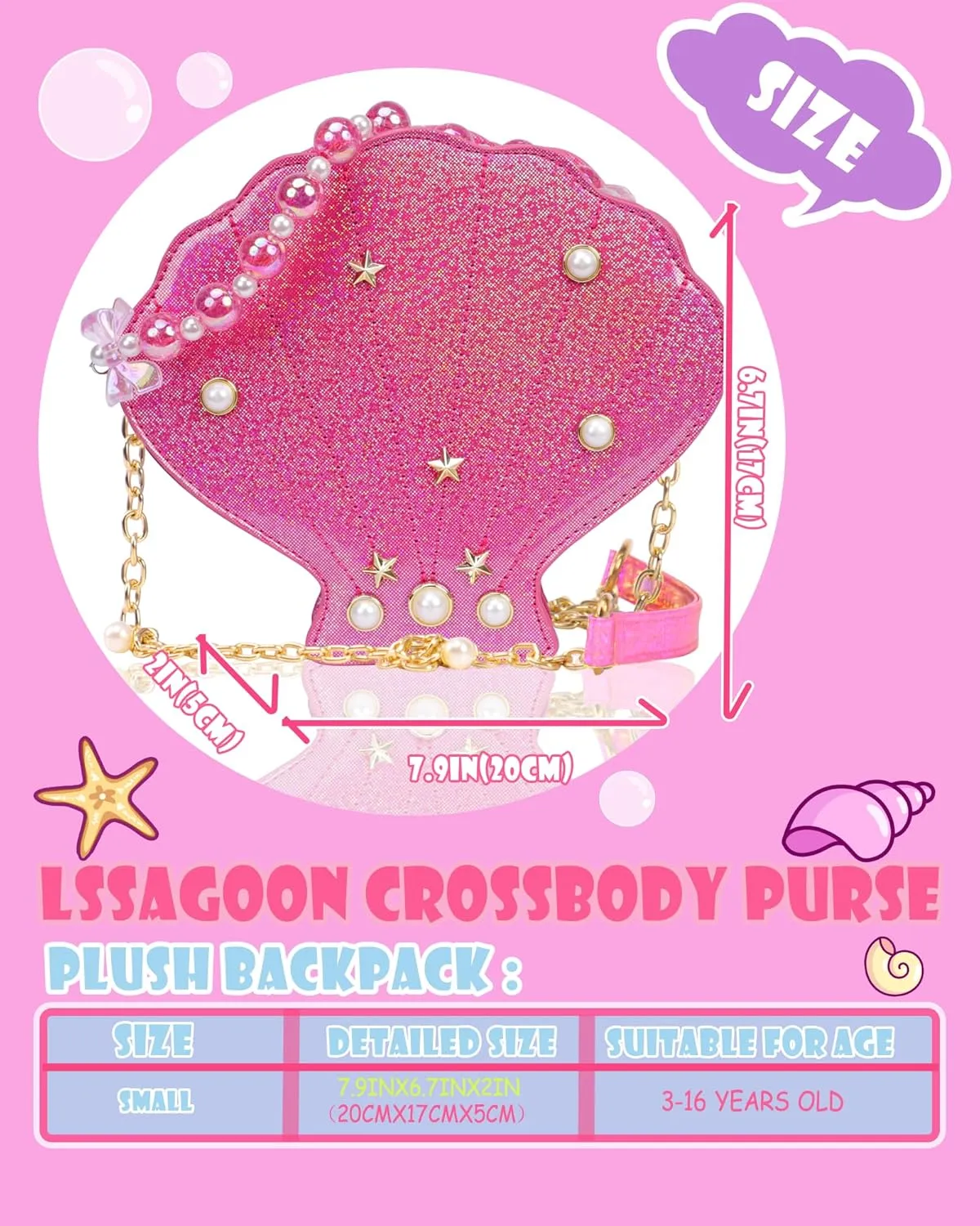 Shells Little Girl Crossbody Purse for Toddler,Shoulder Handbag,Pearl Princess Clutch Bag,Gifts for Birthday Xmas.