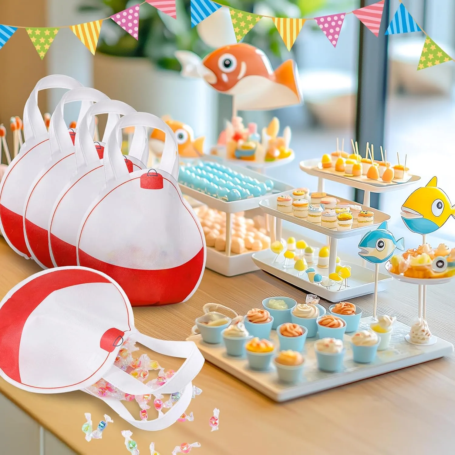 Shihanee 24 Pcs Fishing Bobbers Party Favor Bags Fishing Themed Party Goody Candy Bags Sport Game Treat Handbags Fisherman Non Woven Gift Handbags for Summer Theme Party Supplies