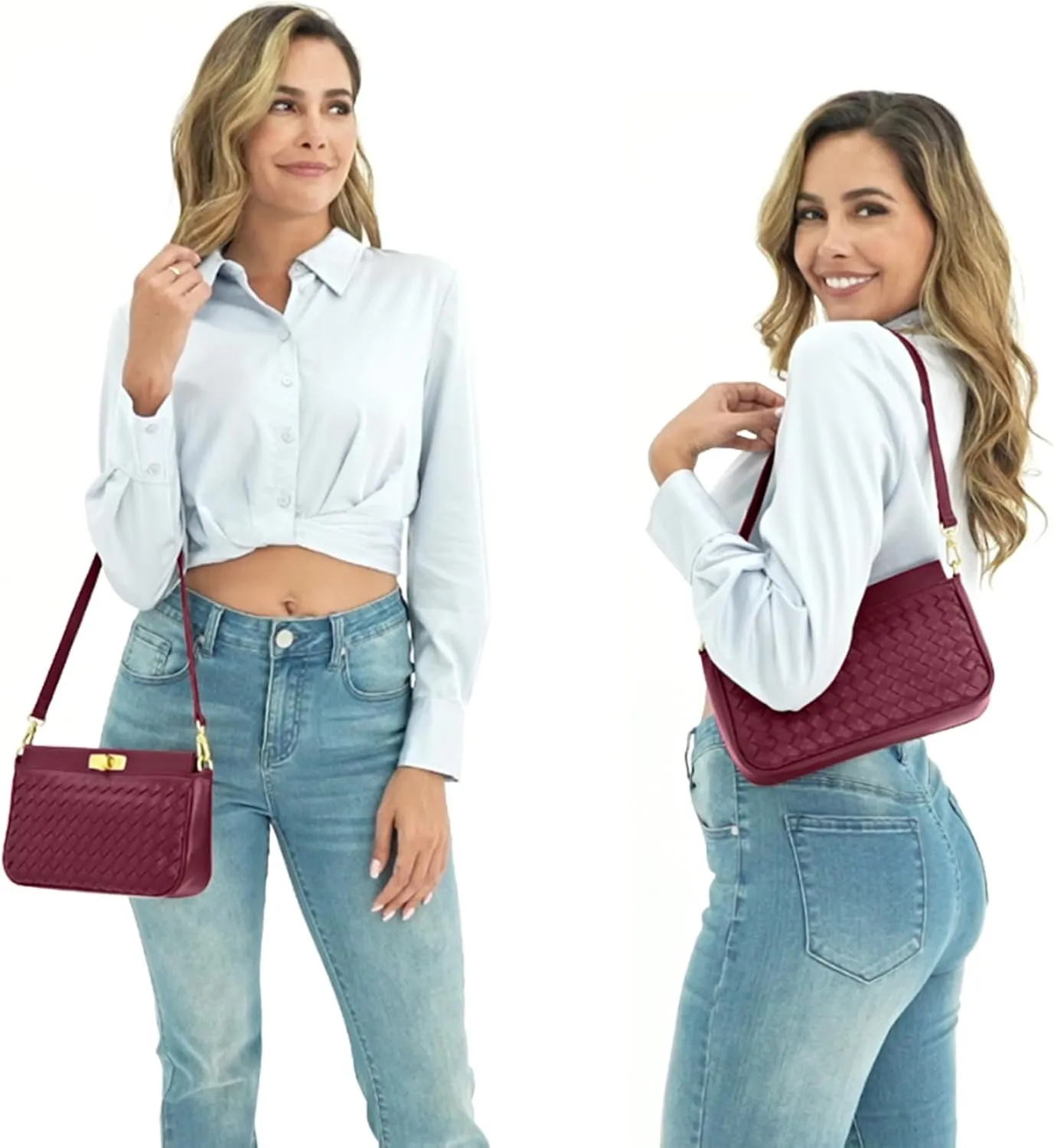 Shoulder Bag for Women Weave Bags Lightweight Tote Bags Vegan Leather Handbags Handmade Cute Bags Sling Purse with Pocket