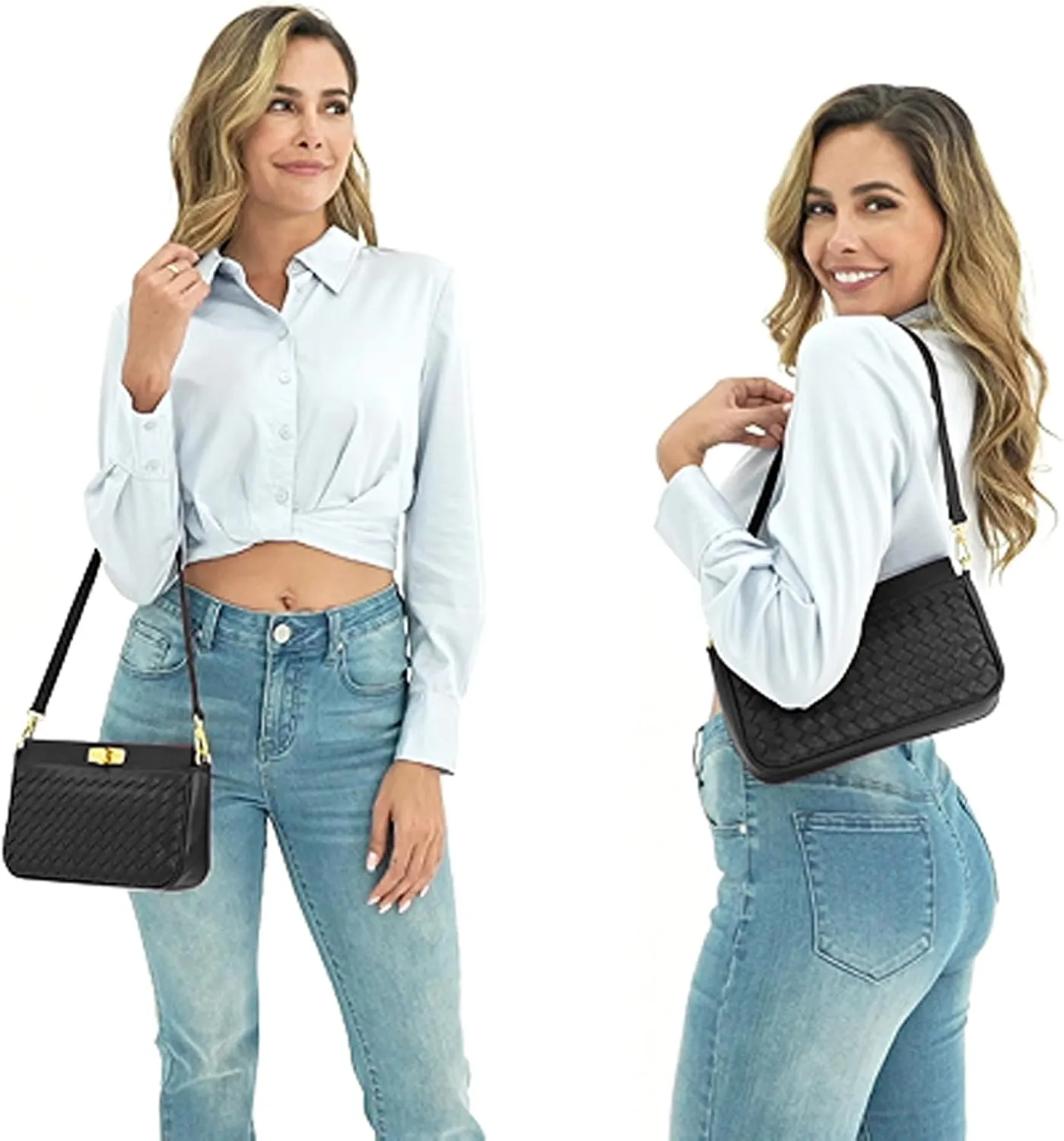 Shoulder Bag for Women Weave Bags Lightweight Tote Bags Vegan Leather Handbags Handmade Cute Bags Sling Purse with Pocket