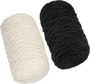 SIMEIQI 2 PCS 400g Beige Black 100% Cotton Yarn Hollow Knitted Crochet Yarn,328 Yards Fabric Yarn Round Rope Yarn for DIY Handbag Purse Basket Cushion Crochet Bag