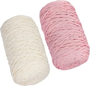 SIMEIQI 2 PCS 400g Beige Pink 100% Cotton Yarn Hollow Knitted Crochet Yarn,328 Yards Fabric Yarn Round Rope Yarn for DIY Handbag Purse Basket Cushion Crochet Bag