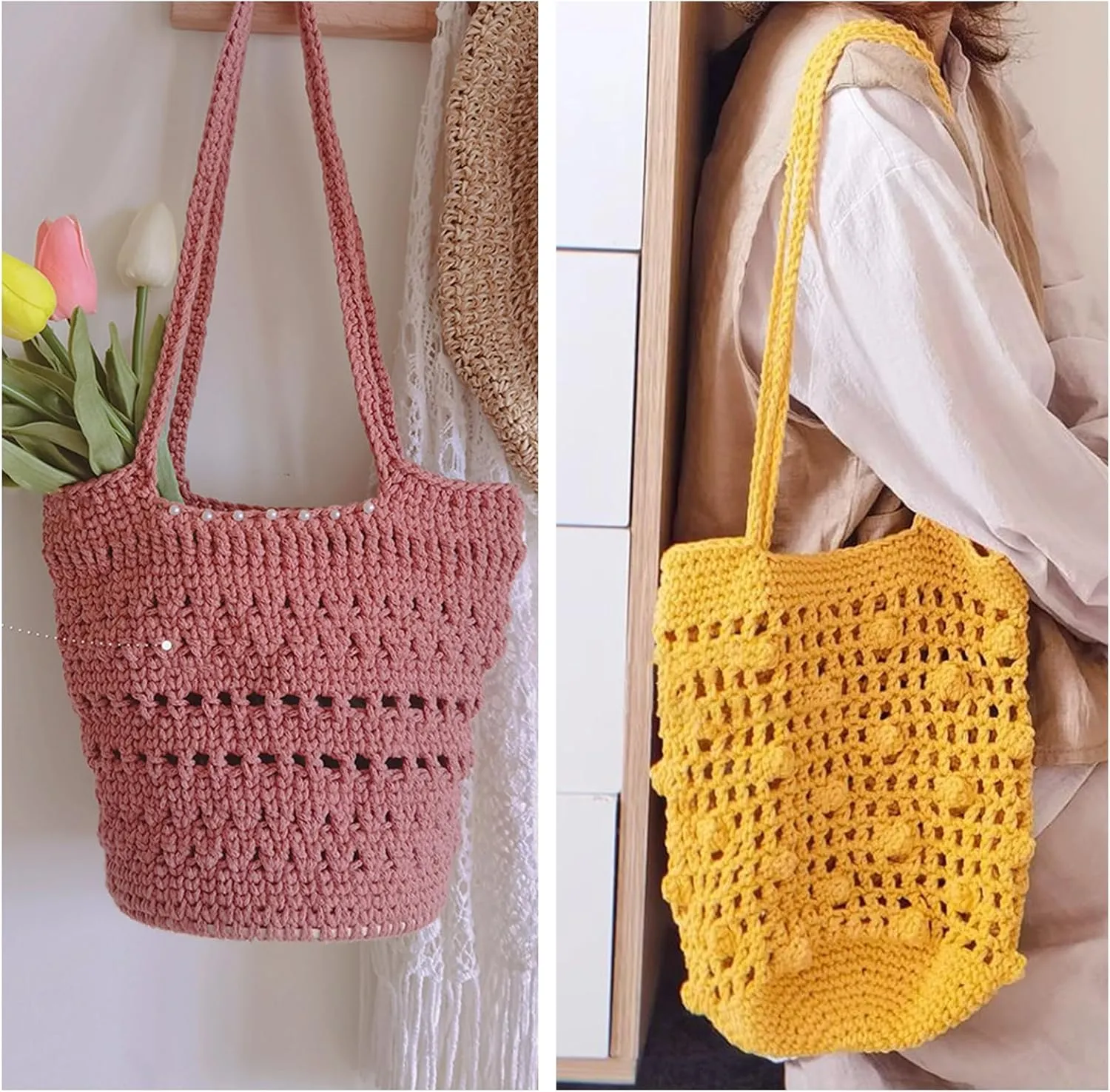 SIMEIQI 2 PCS 400g Beige Pink 100% Cotton Yarn Hollow Knitted Crochet Yarn,328 Yards Fabric Yarn Round Rope Yarn for DIY Handbag Purse Basket Cushion Crochet Bag