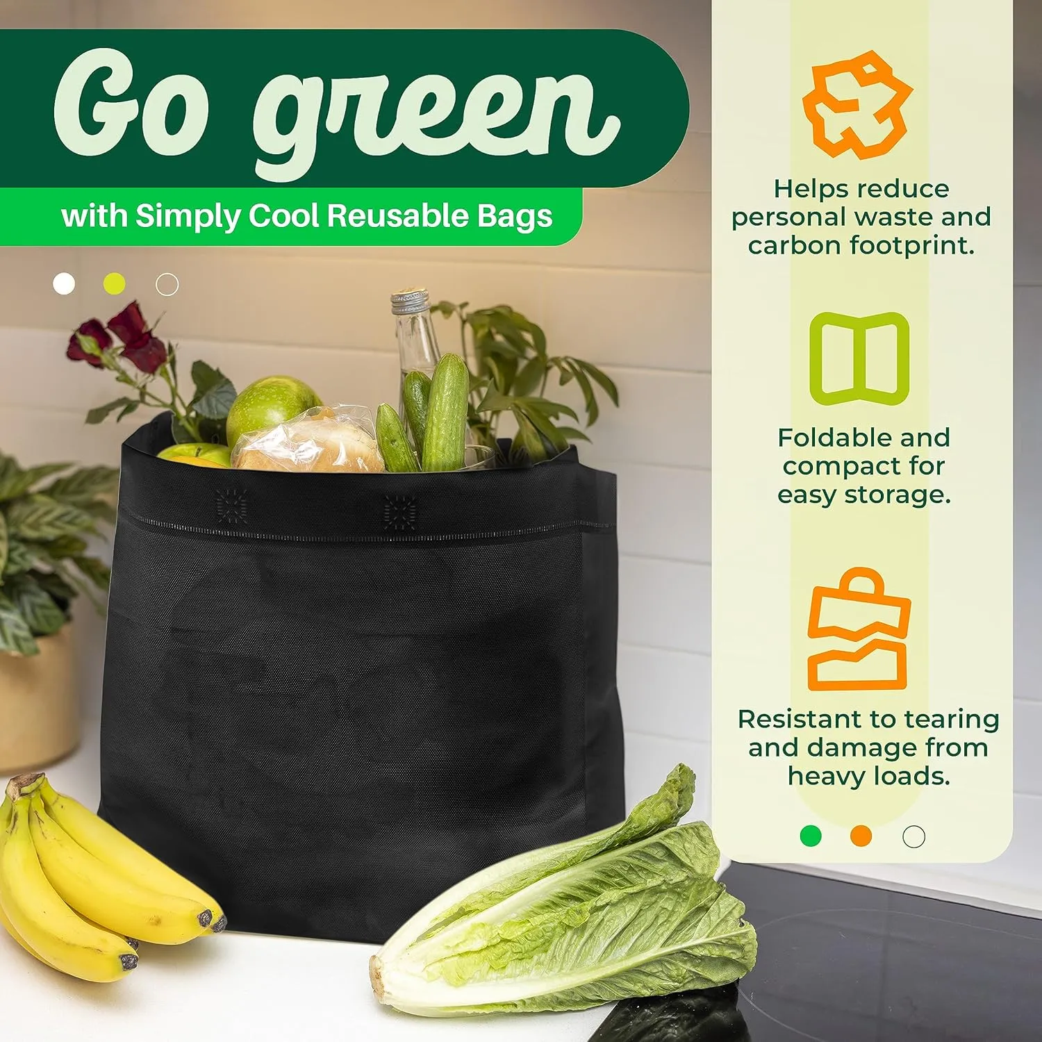 Simply Cool 50 Pack Black Reusable Eco-Friendly Large Grocery Shopping Bags 14.5"x14"x6.6" Durable Recyclable Washable Foldable Portable Tote Bags Bulk