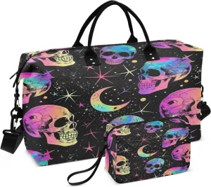 Skull Travel Duffle Bag Gym Bag, Neon Goth Skull Weekender Bags for Women with Toiletry Bag Travel Tote Bag Swim Bag