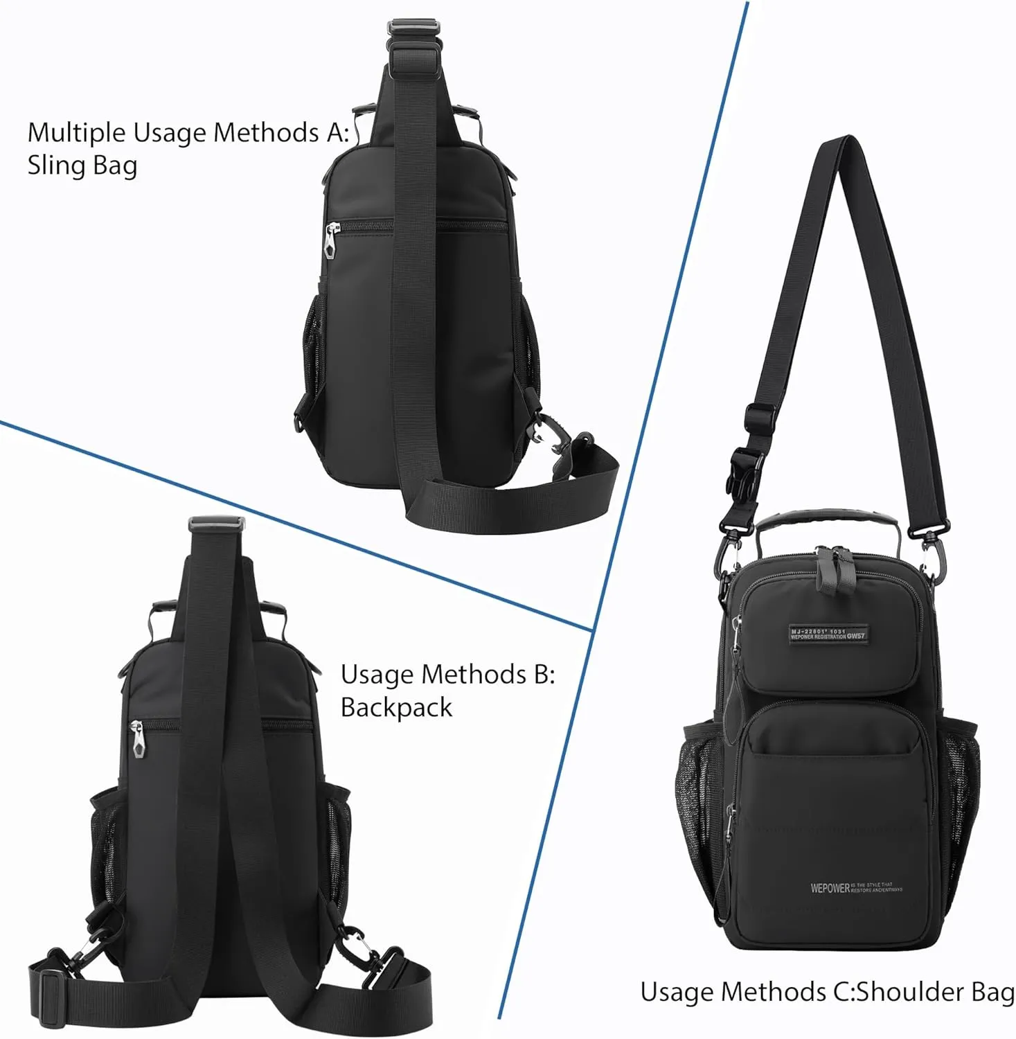 Sling Bag for Men Travel Lightweight Multi-pocket Crossbody Shoulder Bags Convertible Sling Backpack Chest Bag Men(Black)