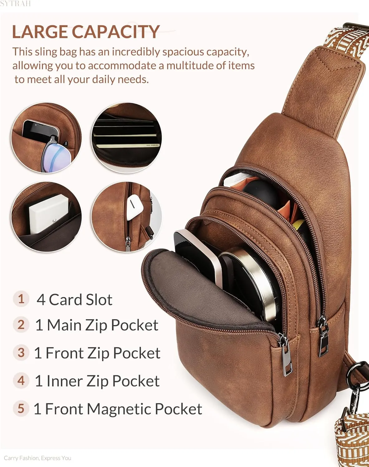 Sling Bag for Women, Crossbody Bags Purse for Women Trendy Vegan Leather Chest Bag with Adjustable Guitar Strap