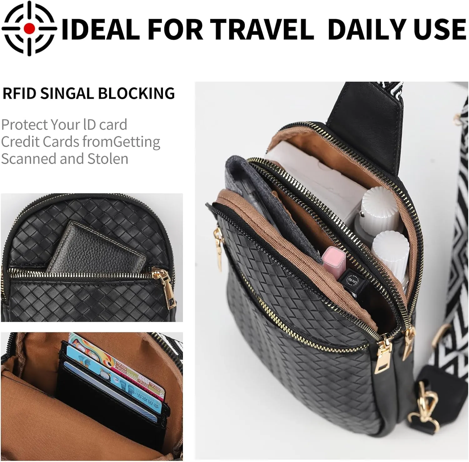 Sling Bag for Women Vegan Leather Fashionable Fanny Pack Crossbody Bags for Women Chest Bag for Travel black