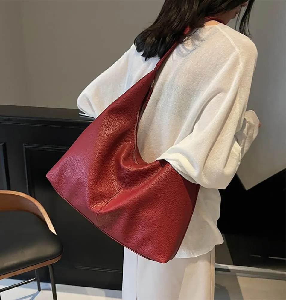 Slouchy PU Leather Crescent Hobo Bags Women Crossbody Purse Trendy Shoulder Bag Top-handle Satchels Travel Tote Handbag