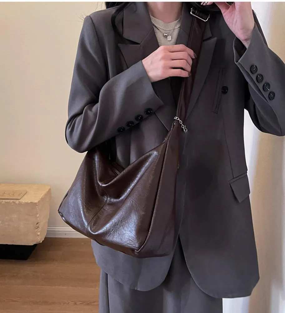 Slouchy PU Leather Hobo Bags Women Trendy Underarm Shoulder Bag Cute Crescent Crossbody Purse Retro Satchel Tote Handbag