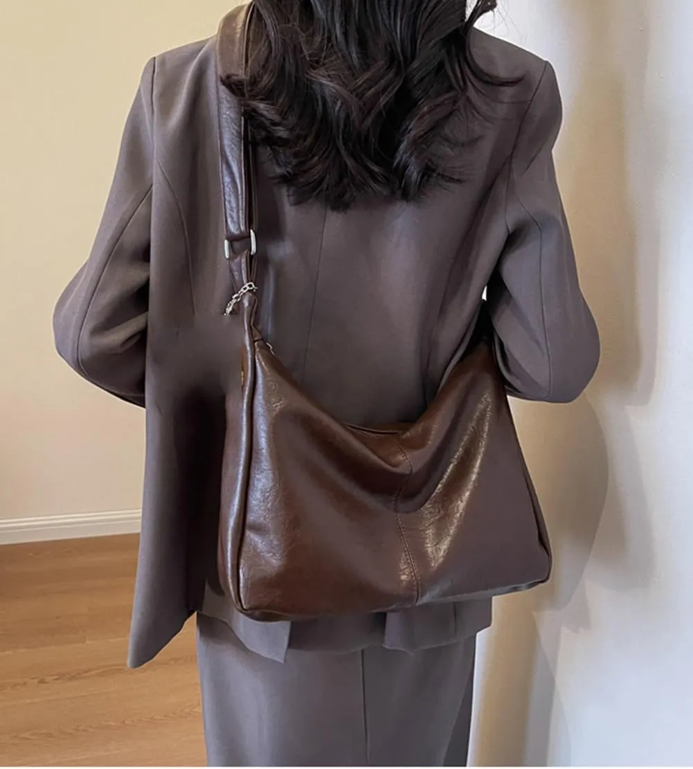 Slouchy PU Leather Hobo Bags Women Trendy Underarm Shoulder Bag Cute Crescent Crossbody Purse Retro Satchel Tote Handbag