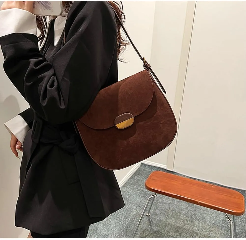 Slouchy Suede Saddle Bag Women Underarm Crescent Shoulder Hobo Bags Satchels Crossbody Purse Trendy Top-Handle Tote Handbag