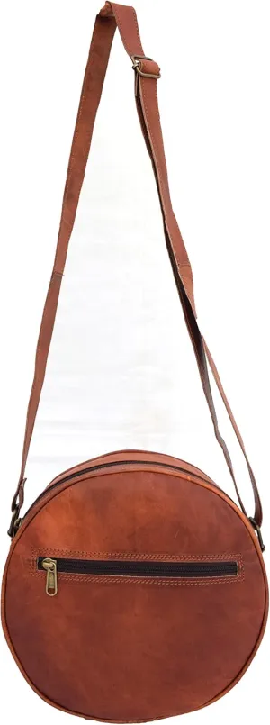 Small 8 Inch Handmade Vintage Leather Crossbody Sling Bag Women/Teen Girls Satchel Handbag Round Messenger Bags