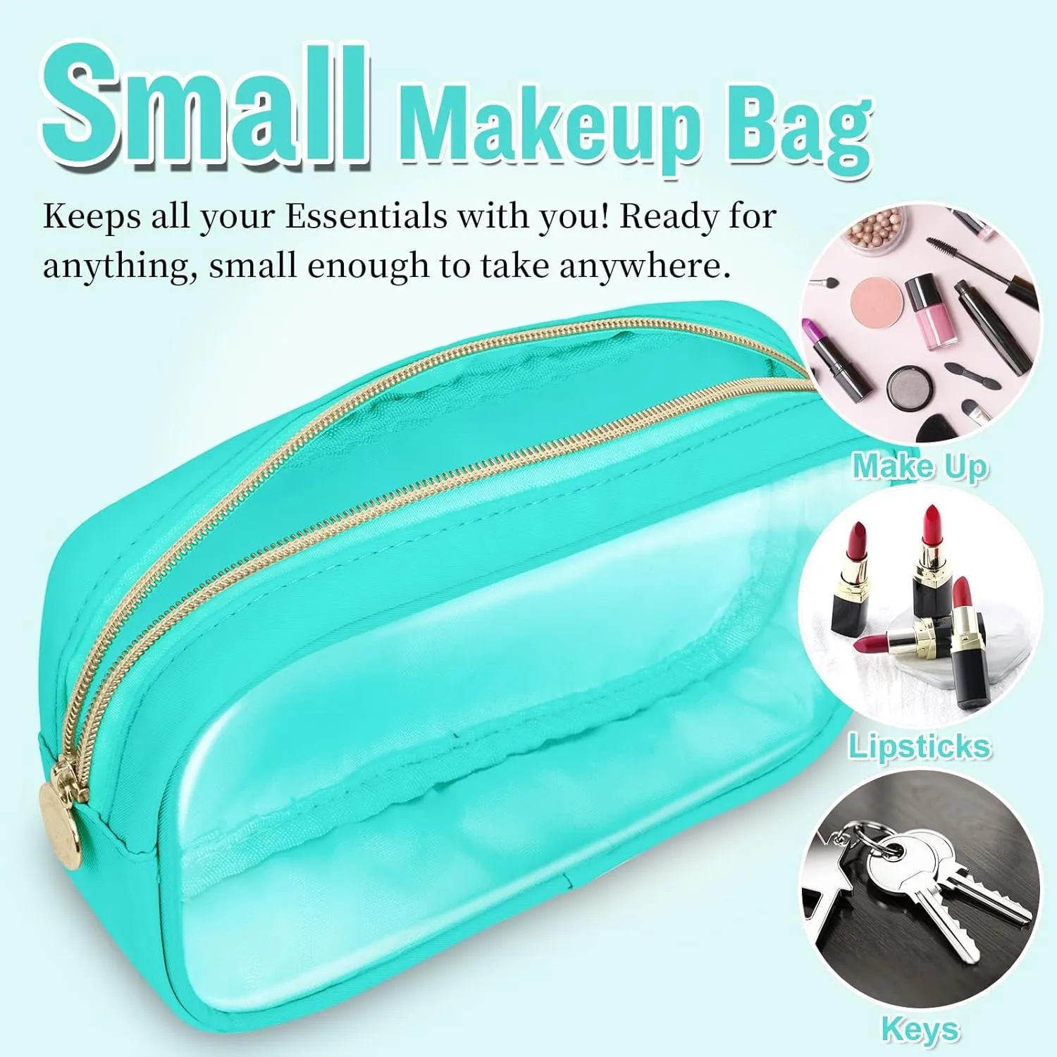 Small Clear Travel Makeup Organizer Bag for Purse, Cute Makeup Bag Preppy Cosmetic Zipper Pouch Purse, Transparent PVC & Nylon Waterproof Makeup Brush Bag Toiletry Storage Clutch for Women Girl(Mint)