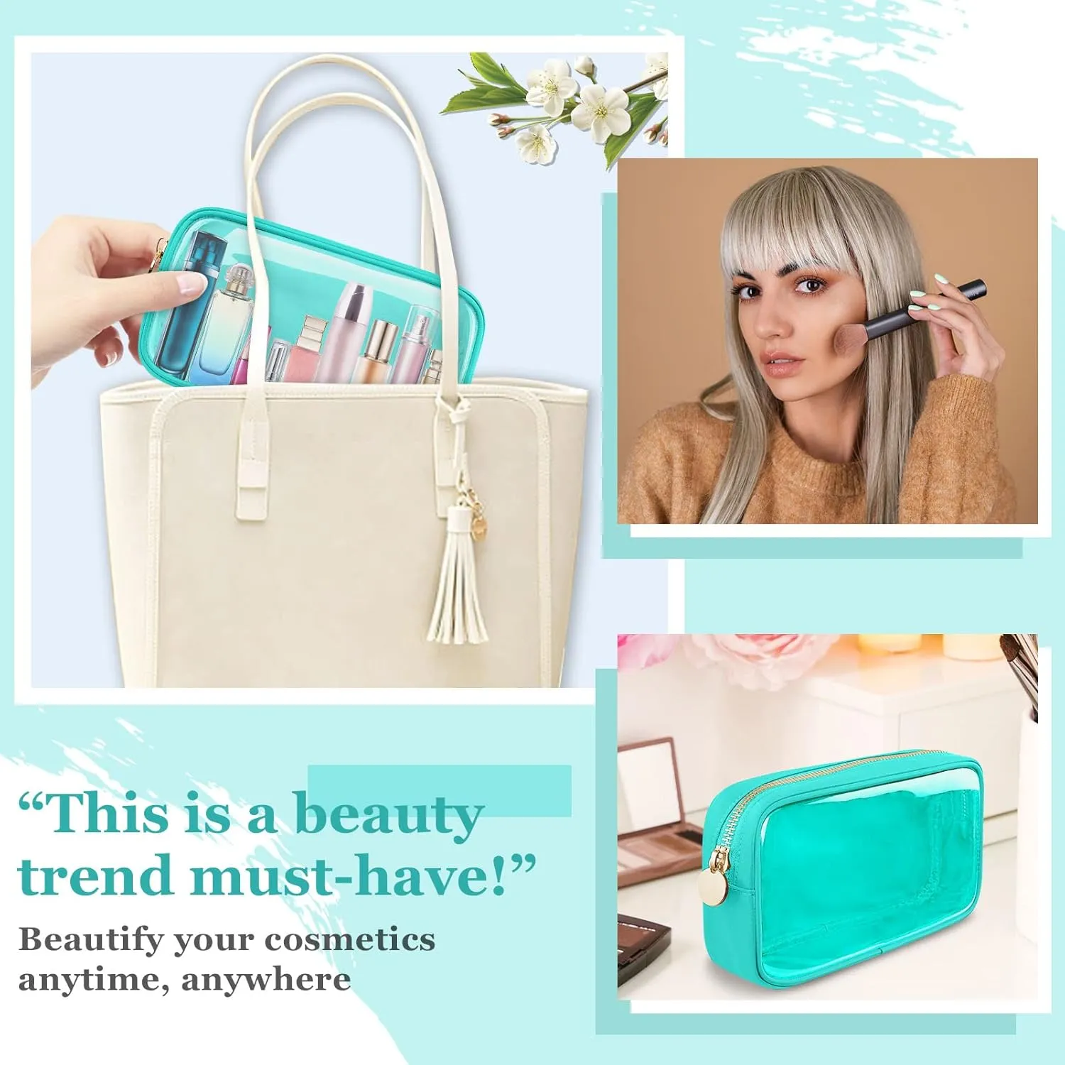 Small Clear Travel Makeup Organizer Bag for Purse, Cute Makeup Bag Preppy Cosmetic Zipper Pouch Purse, Transparent PVC & Nylon Waterproof Makeup Brush Bag Toiletry Storage Clutch for Women Girl(Mint)