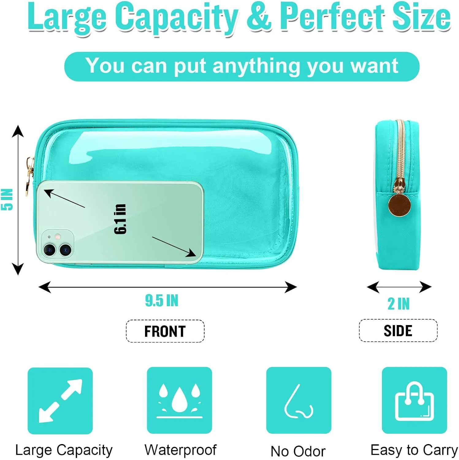 Small Clear Travel Makeup Organizer Bag for Purse, Cute Makeup Bag Preppy Cosmetic Zipper Pouch Purse, Transparent PVC & Nylon Waterproof Makeup Brush Bag Toiletry Storage Clutch for Women Girl(Mint)