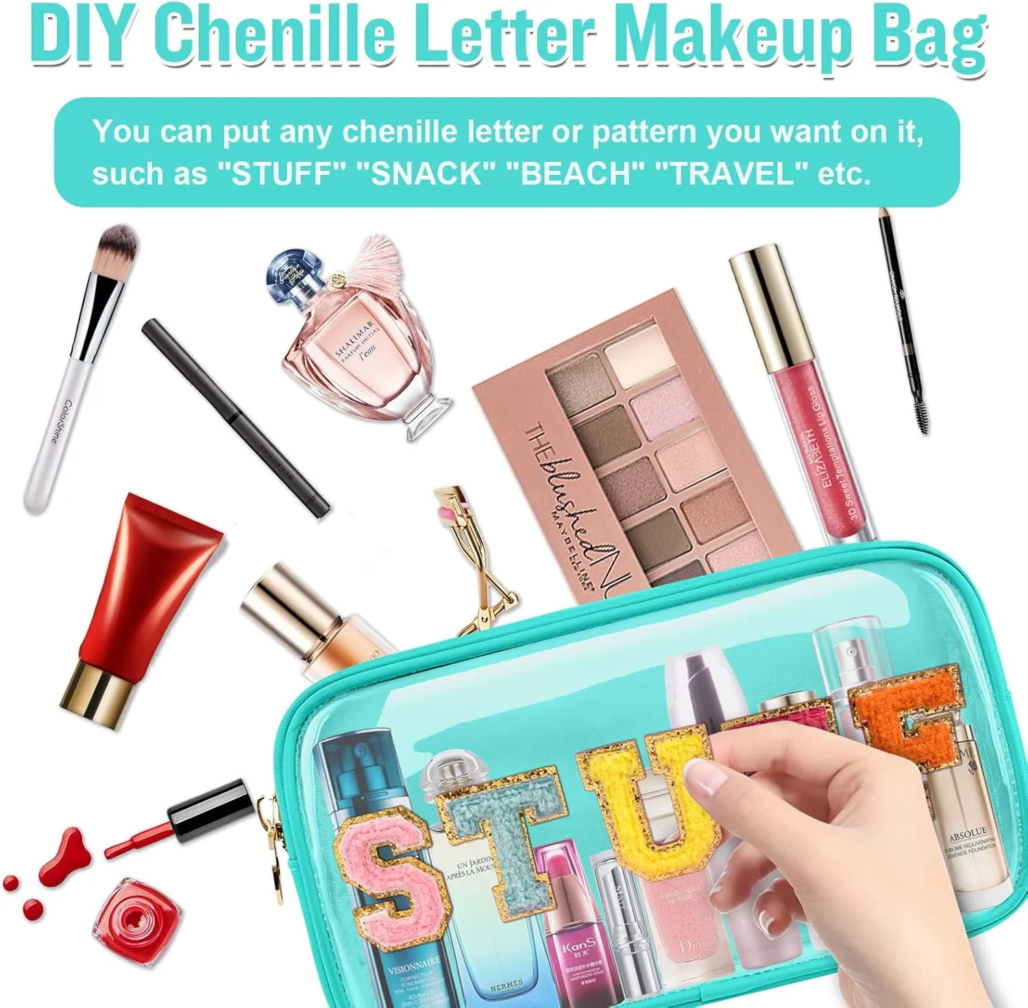 Small Clear Travel Makeup Organizer Bag for Purse, Cute Makeup Bag Preppy Cosmetic Zipper Pouch Purse, Transparent PVC & Nylon Waterproof Makeup Brush Bag Toiletry Storage Clutch for Women Girl(Mint)