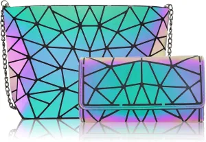 Small Clutch Purses for women Daily Use Geometric Purse for Women Geometric Luminous Purses and Shoulder bags Geometric Bags and Holographic crossbody bag SET-G