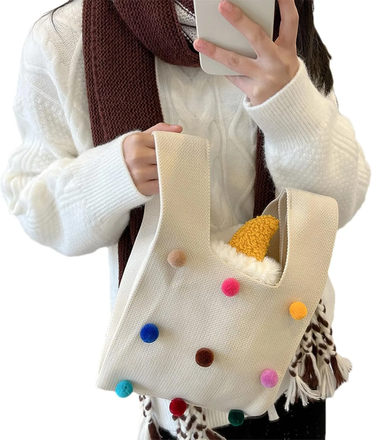 Small Crochet Tote Bag for Women Knitted Wristlet Handbag Purse Sleeve-Knot-Pouch