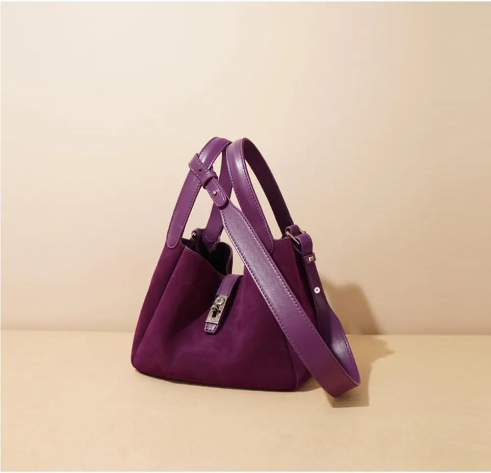 Small Suede Bucket Bags for Women Genuine Leather Suede Shoulder Purse Vintage Top Handle Handbag