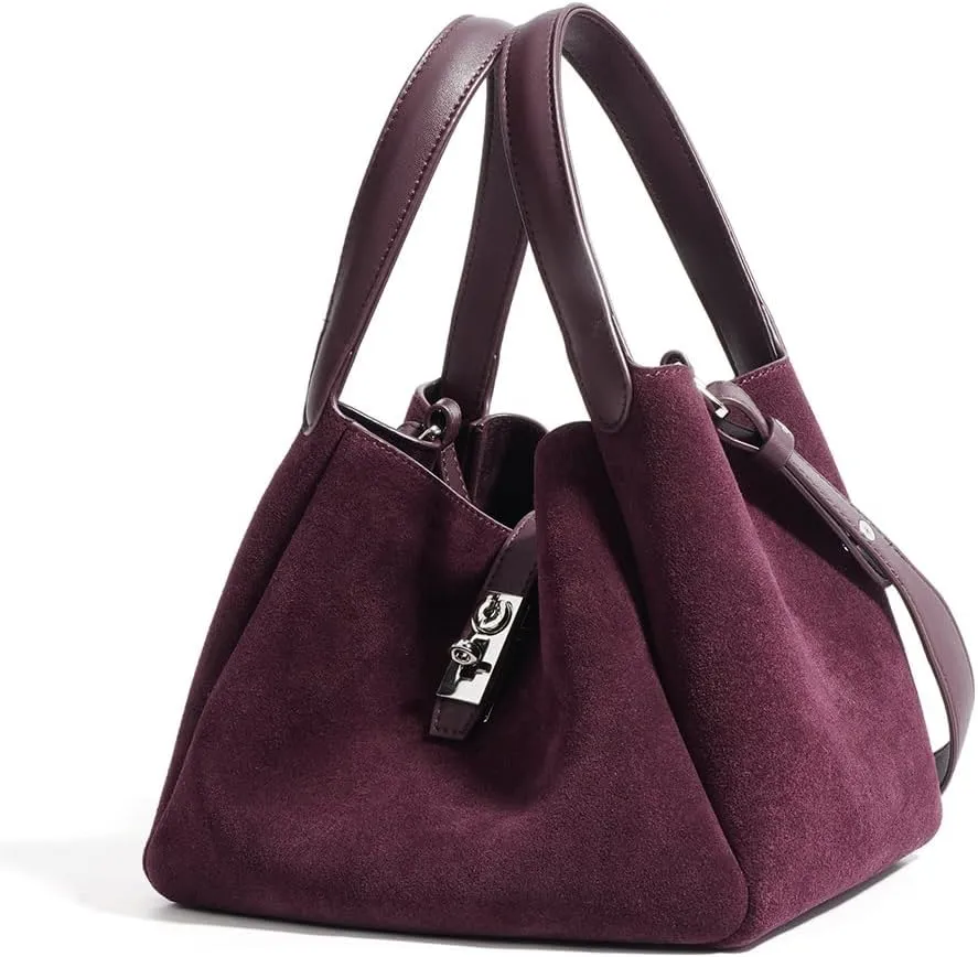Small Suede Bucket Bags for Women Genuine Leather Suede Shoulder Purse Vintage Top Handle Handbag