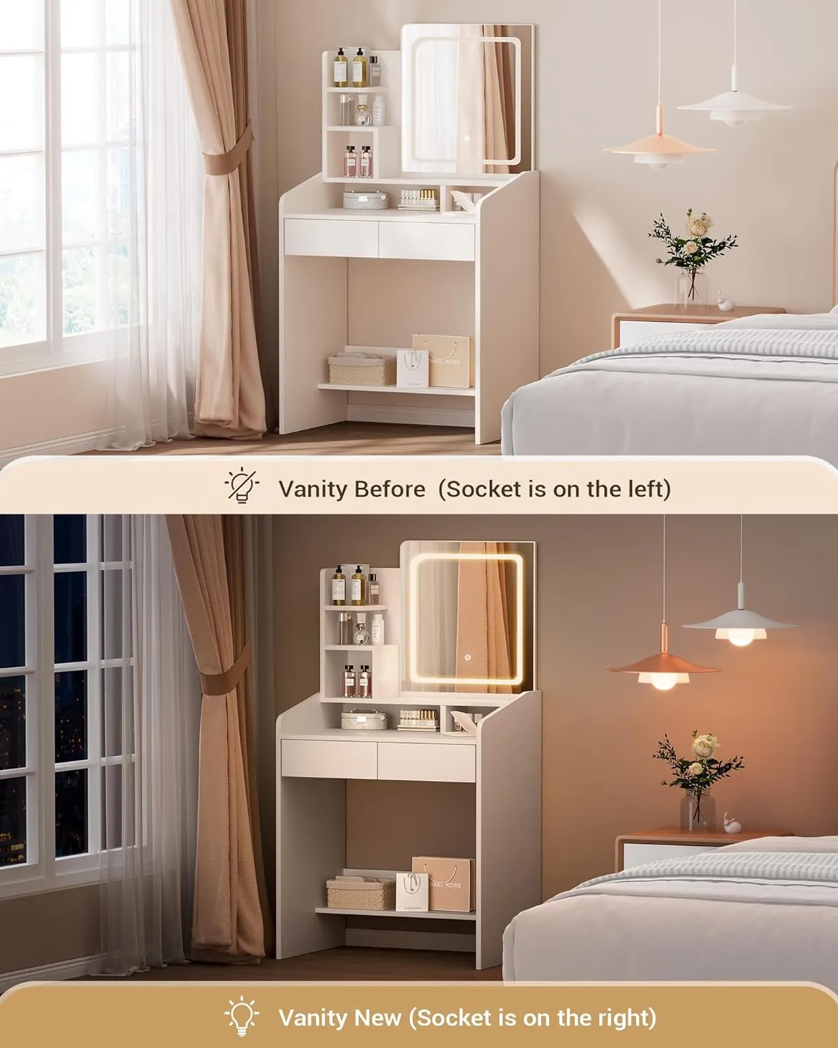 Small Vanity Desk Set with Square Mirror and Light- Vanity Desk with Drawer- White