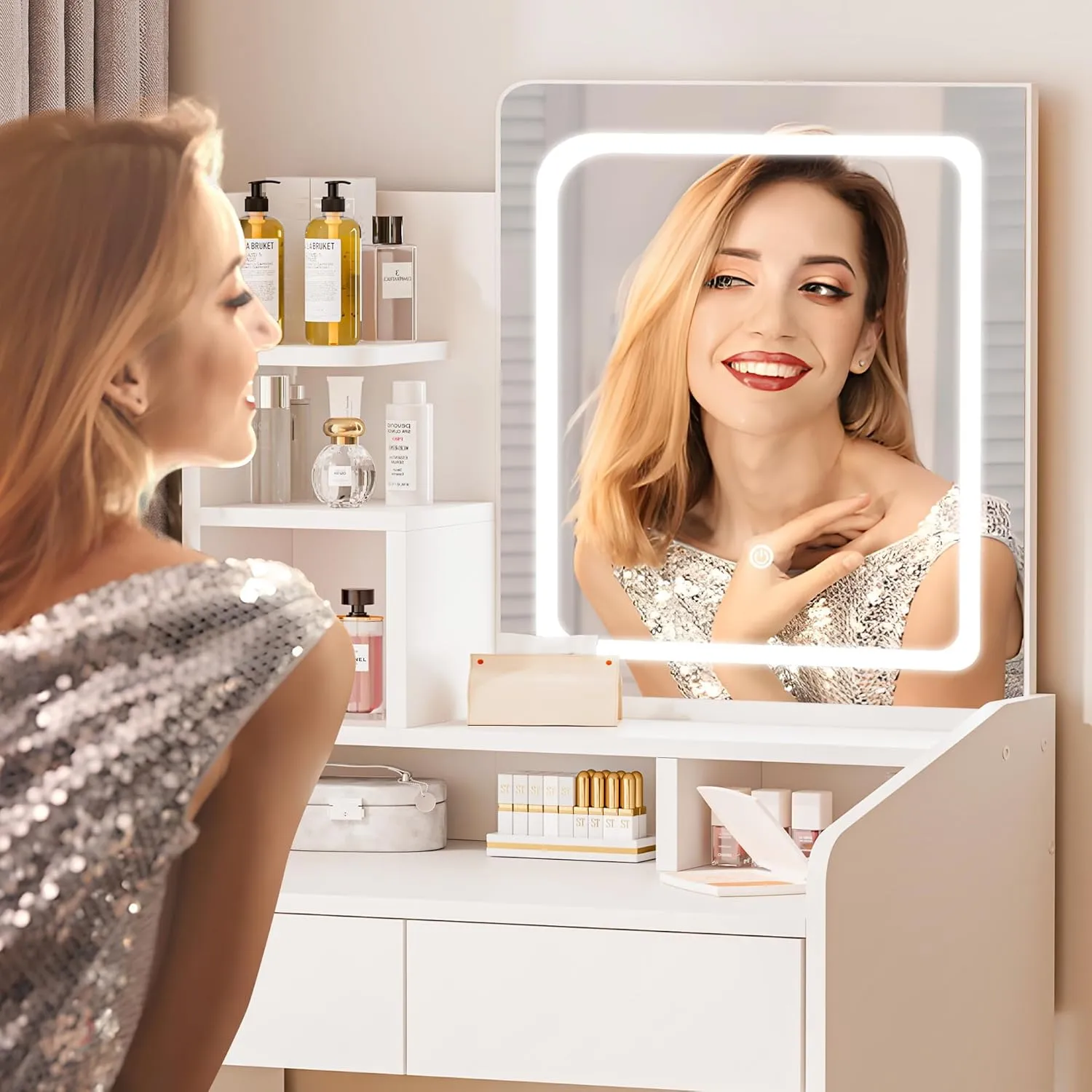 Small Vanity Desk Set with Square Mirror and Light- Vanity Desk with Drawer- White