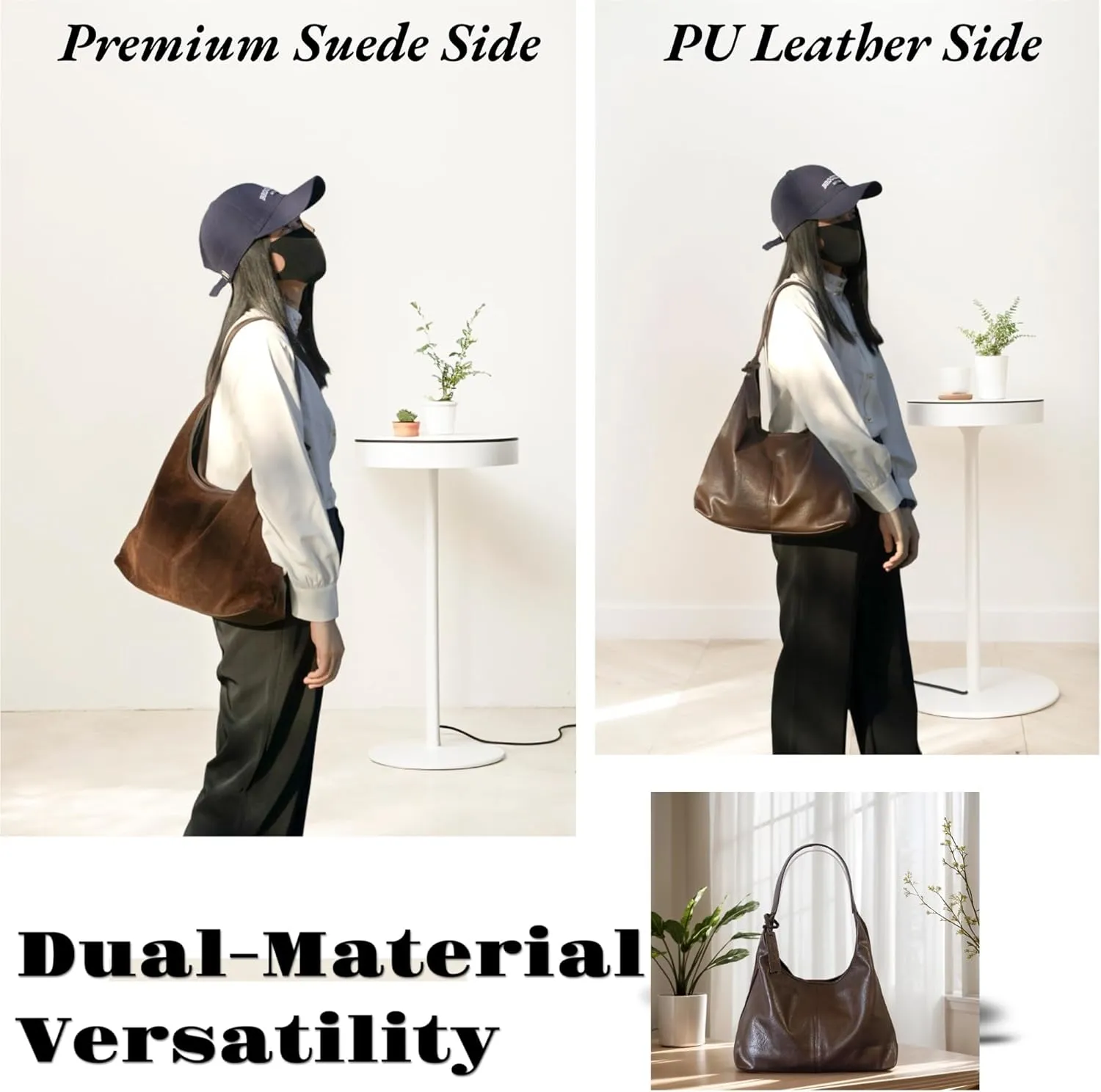 Soft PU Leather and Suede Tote Bag Shoulder Bag for Women - Large Capacity Hobo Bag with Interior Pockets