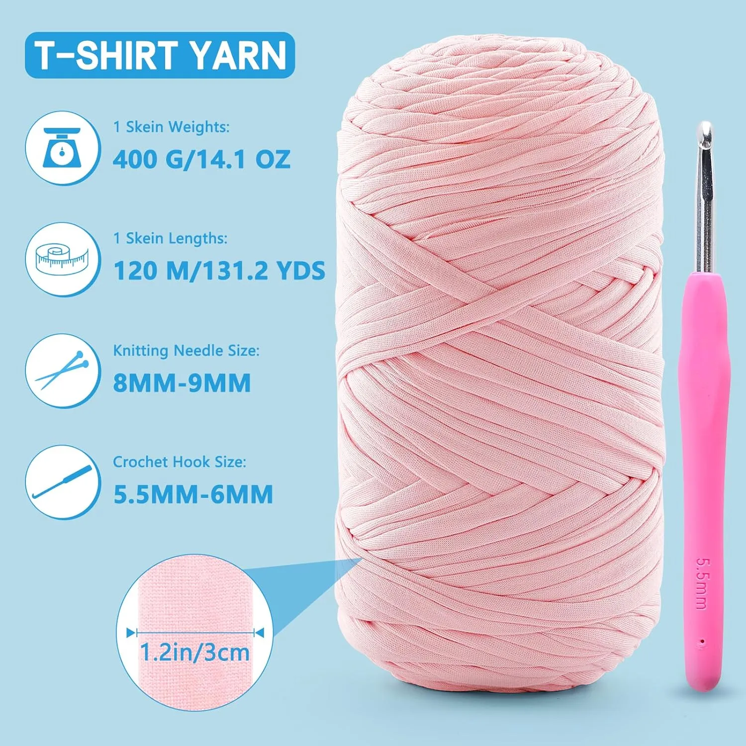 Soft Tshirt Yarn for Crochet, T Shirt Yarns for Crocheting Crafts, Bags, Basket, Coaster, T-Shirt Yarns Each Skein Yarn 14.1oz, 47.2yd (2, Light Lake Blue)