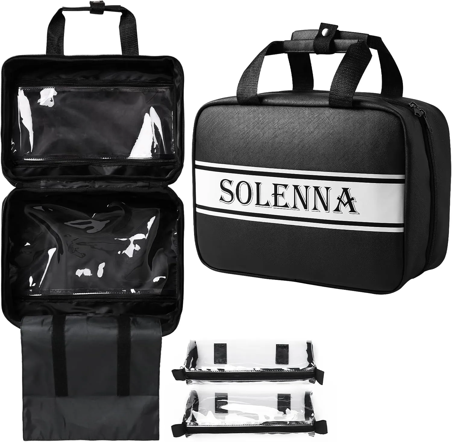 Solenna Black Travel Toiletry Bag for Women Men, Large Waterproof Leather Makeup Cosmetic Bag with 2 Removable Clear Bags, Portable Hanging Make Up Bag Bathroom Shower Toiletries Travel Organizer