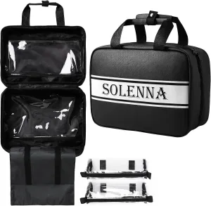 Solenna Black Travel Toiletry Bag for Women Men, Large Waterproof Leather Makeup Cosmetic Bag with 2 Removable Clear Bags, Portable Hanging Make Up Bag Bathroom Shower Toiletries Travel Organizer