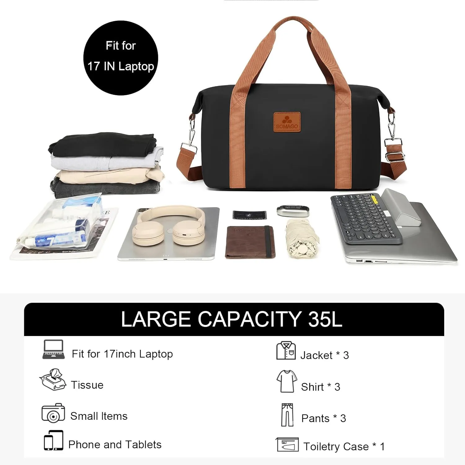 Somago Travel Duffel Bag Weekend Bag Carry On Tote Water Resistant Travel Essentials Sport Gym Bag for Men & Women Overnight Bag Luggage Bag with Trolley Sleeve for Hospital Business Trip(Black)