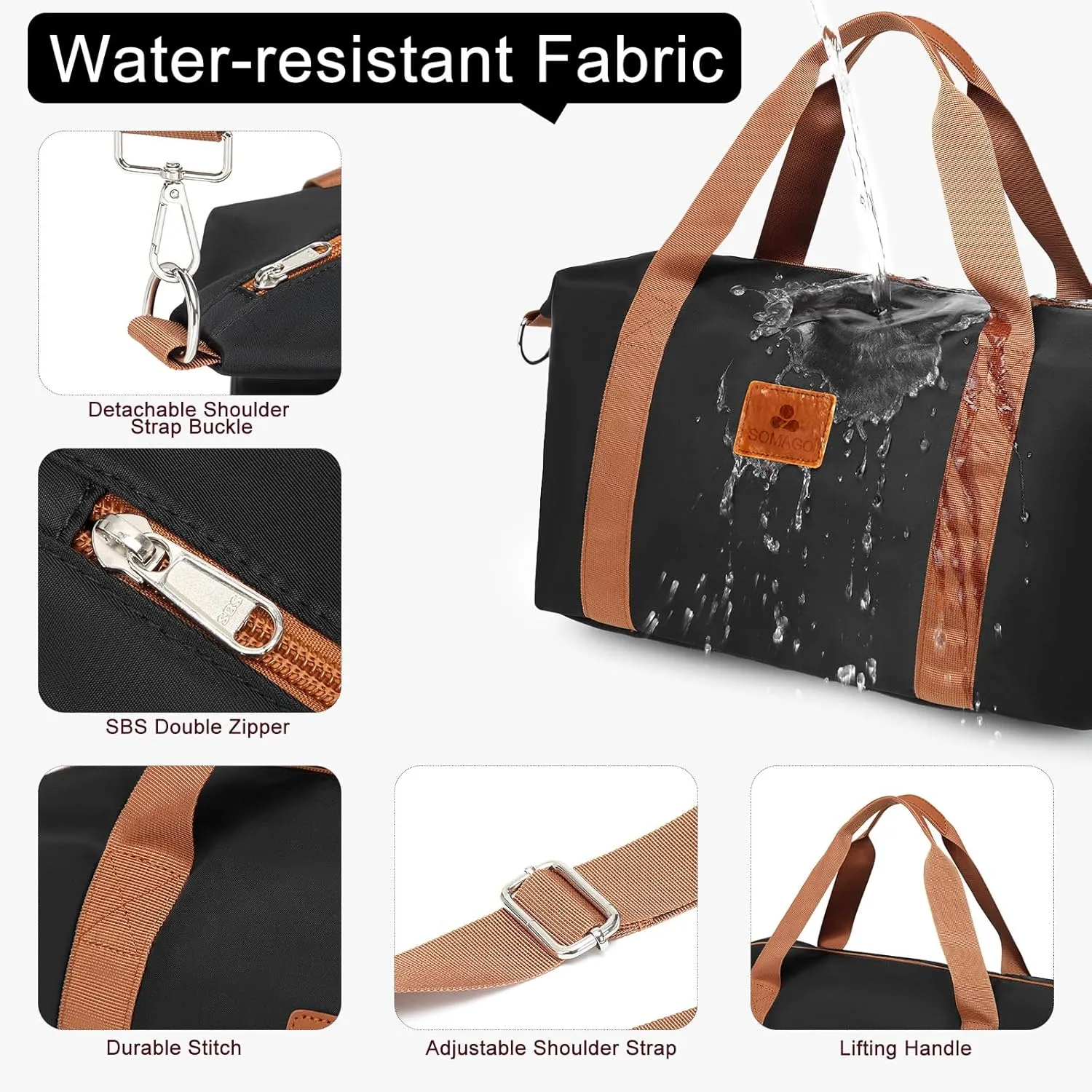 Somago Travel Duffel Bag Weekend Bag Carry On Tote Water Resistant Travel Essentials Sport Gym Bag for Men & Women Overnight Bag Luggage Bag with Trolley Sleeve for Hospital Business Trip(Black)