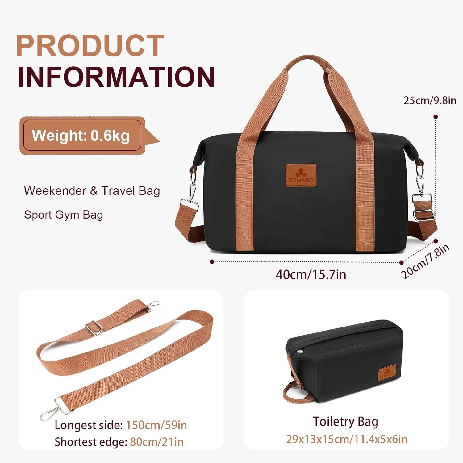 Somago Travel Duffel Bag Weekend Bag Carry On Tote Water Resistant Travel Essentials Sport Gym Bag for Men & Women Overnight Bag Luggage Bag with Trolley Sleeve for Hospital Business Trip(Black)