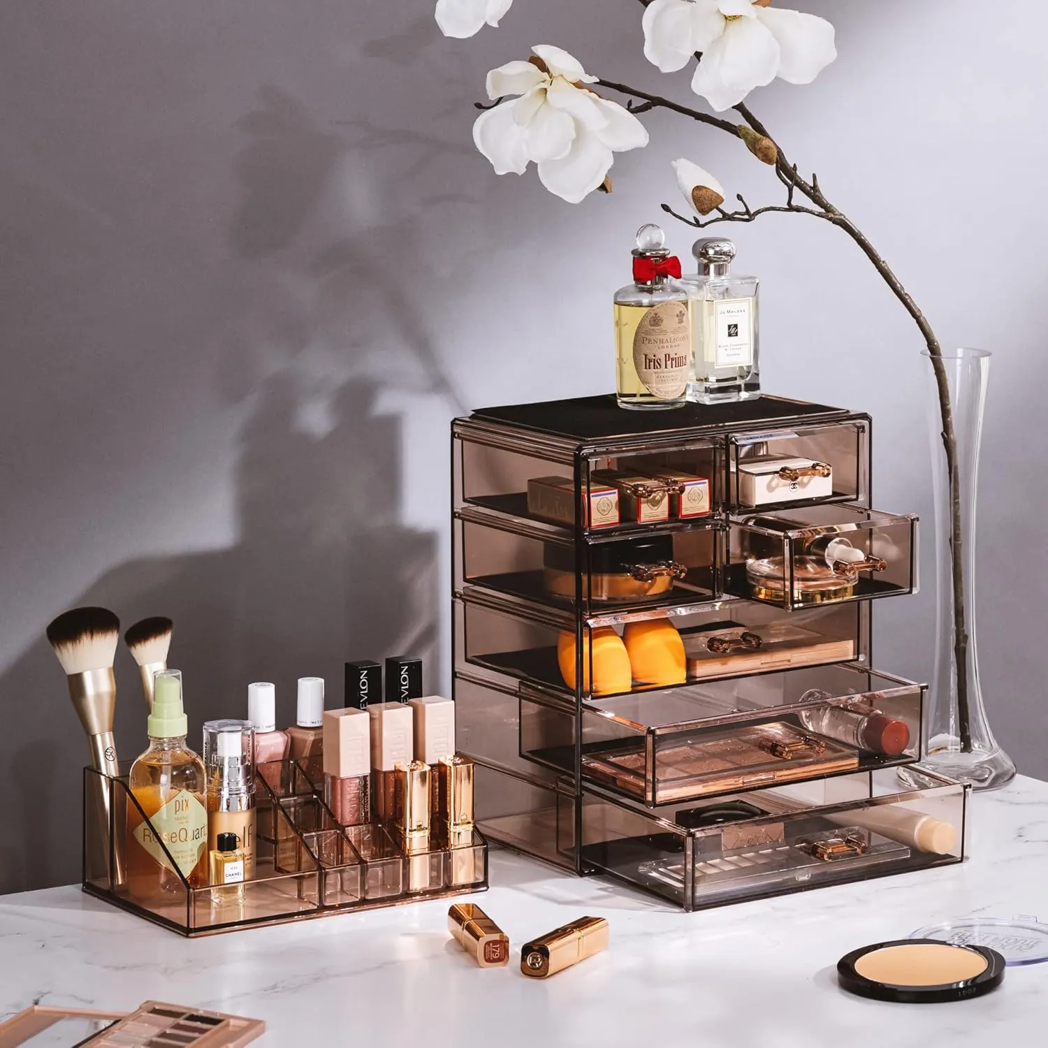 Sorbus Clear Cosmetic Makeup Organizer - Make Up & Jewelry Storage Case Display for Dresser, Bathroom, Vanity (3 Large, 4 Small Drawers, Bronze Glow)