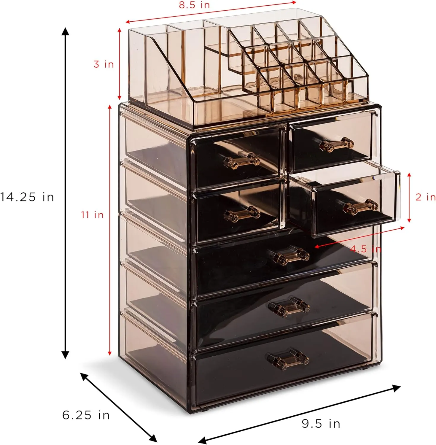 Sorbus Clear Cosmetic Makeup Organizer - Make Up & Jewelry Storage Case Display for Dresser, Bathroom, Vanity (3 Large, 4 Small Drawers, Bronze Glow)