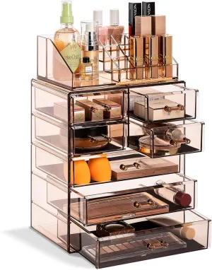Sorbus Clear Cosmetic Makeup Organizer - Make Up & Jewelry Storage Case Display for Dresser, Bathroom, Vanity (3 Large, 4 Small Drawers, Bronze Glow)