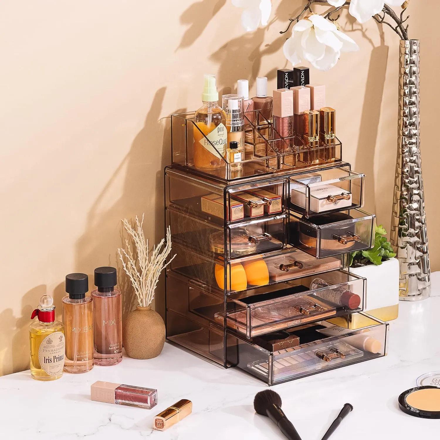 Sorbus Clear Cosmetic Makeup Organizer - Make Up & Jewelry Storage Case Display for Dresser, Bathroom, Vanity (3 Large, 4 Small Drawers, Bronze Glow)
