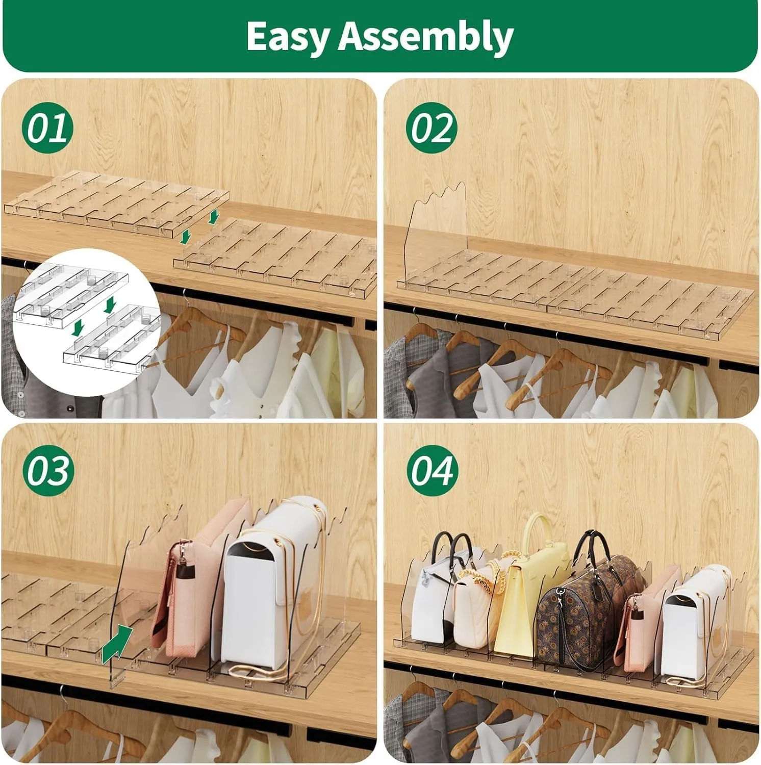 SPACEKEEPER Adjustable Shelf Divider for Closet, 2 Pack Clear Purse Organizers for Closet Acrylic Handbag Separators Storage Organizer Bookshelf Separator Dividers in Bedroom, Office