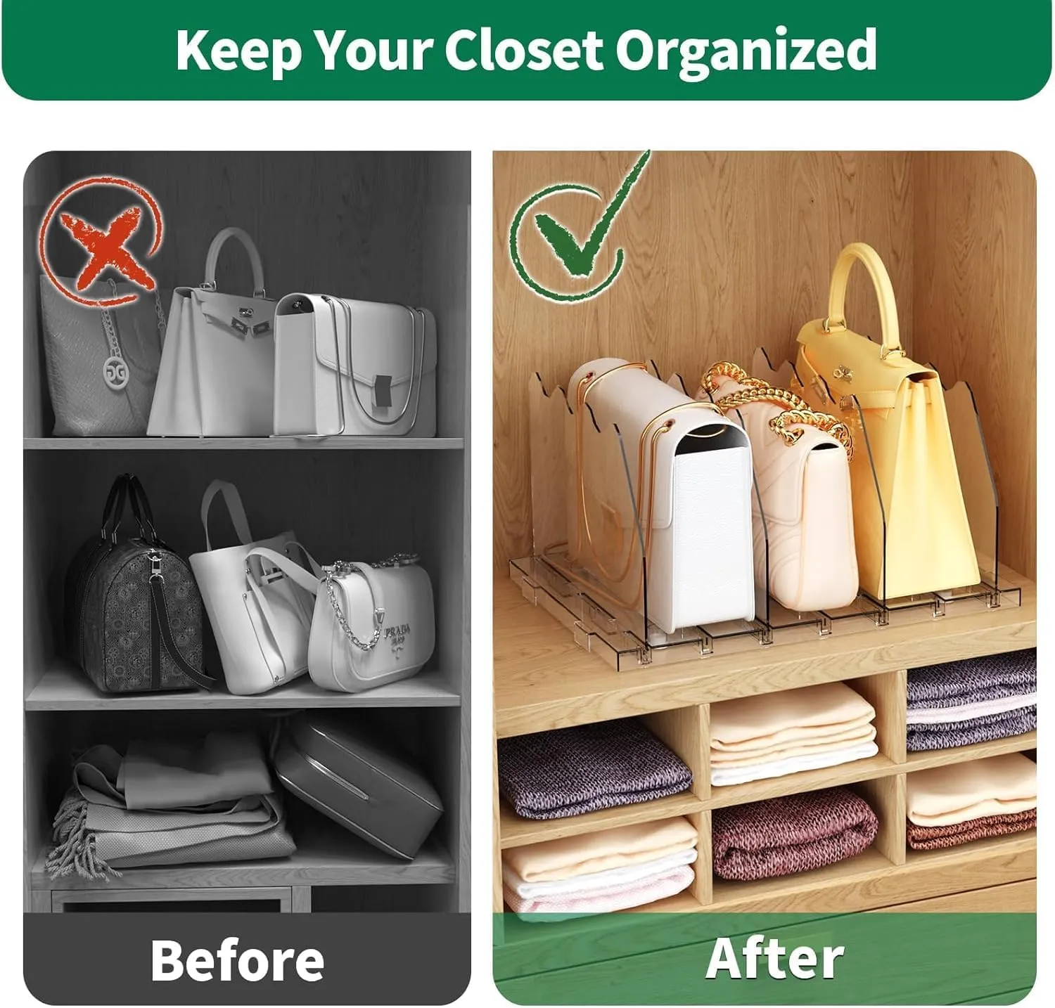 SPACEKEEPER Adjustable Shelf Divider for Closet, 2 Pack Clear Purse Organizers for Closet Acrylic Handbag Separators Storage Organizer Bookshelf Separator Dividers in Bedroom, Office