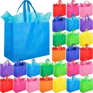 SPERPAND 30 Pcs Large Goodie Bags with Tissues - 15.7" Reusable Non Woven Treat Tote Gift Bag with Handles for Kids Birthday, Holiday Gift Bag, Baby Shower, Rainbow Party Favor Bags