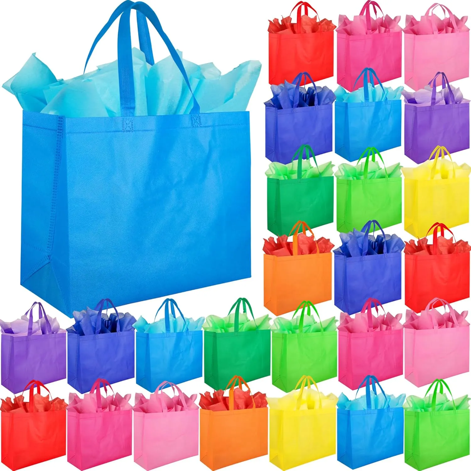 SPERPAND 30 Pcs Large Goodie Bags with Tissues - 15.7" Reusable Non Woven Treat Tote Gift Bag with Handles for Kids Birthday, Holiday Gift Bag, Baby Shower, Rainbow Party Favor Bags