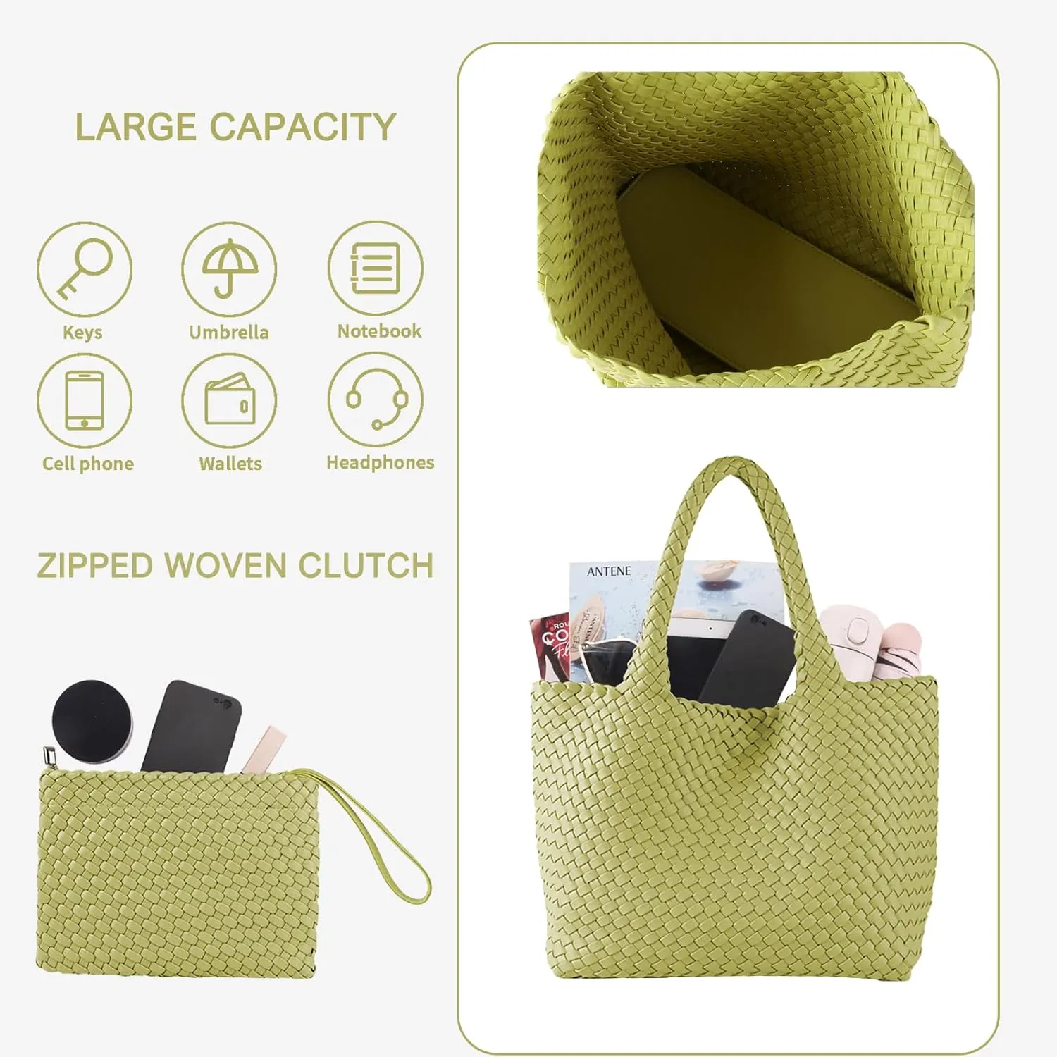 SporGenius Woven Tote Bag for Women, Large Summer Beach Bags with Top Handle Handbag, Vegan Leather Totes Purse