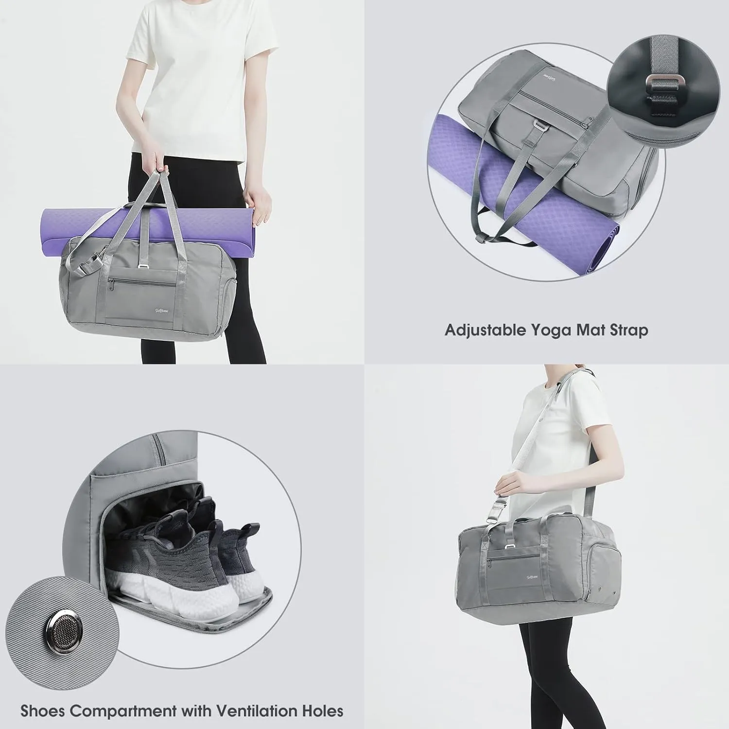 sportsnew Sports Gym Travel Duffel Bags Weekender Overnight Shoulder with Shoes Compartment and Wet Dry Storage Pockets with Adjustable Yoga Mat Holder Bags for Women Gray