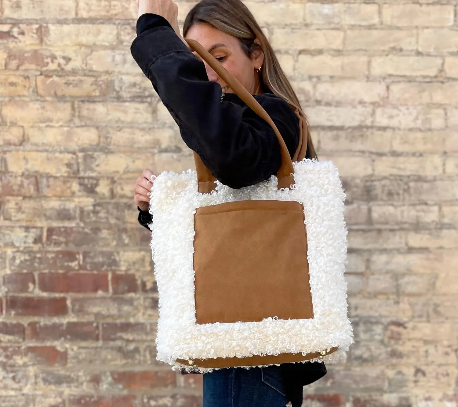 Sprigs Women's Cute Tote Bags - Casual Faux Fur Bag with Outside Pocket & Inside Laptop Sleeve - Laptop Tote Bag For Women