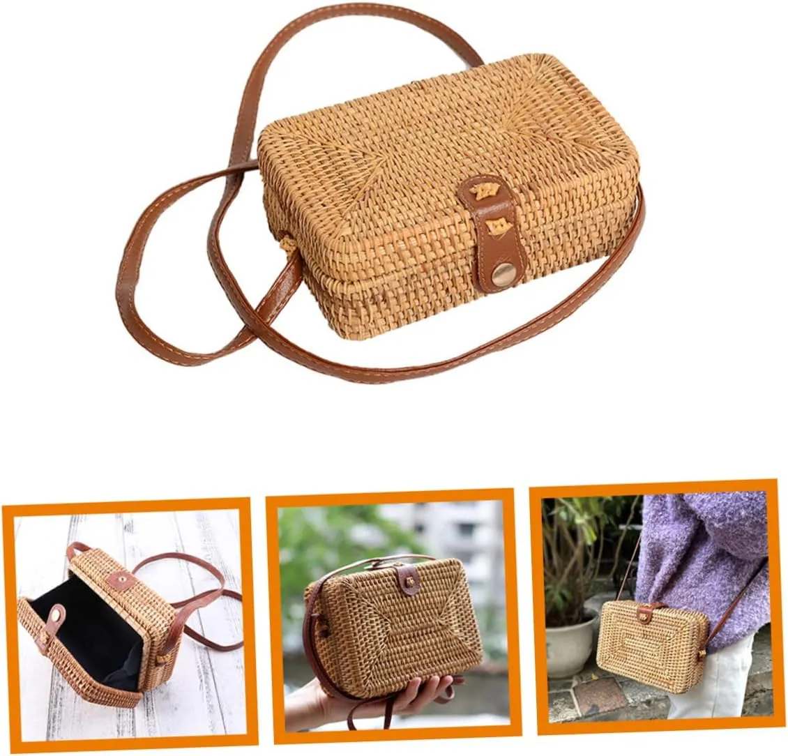 Square Rattan Crossbody Bag for Women Hand Woven Rattan Purse with Shoulder Strap Durable and Decorative Handbag for Parties and Everyday Use